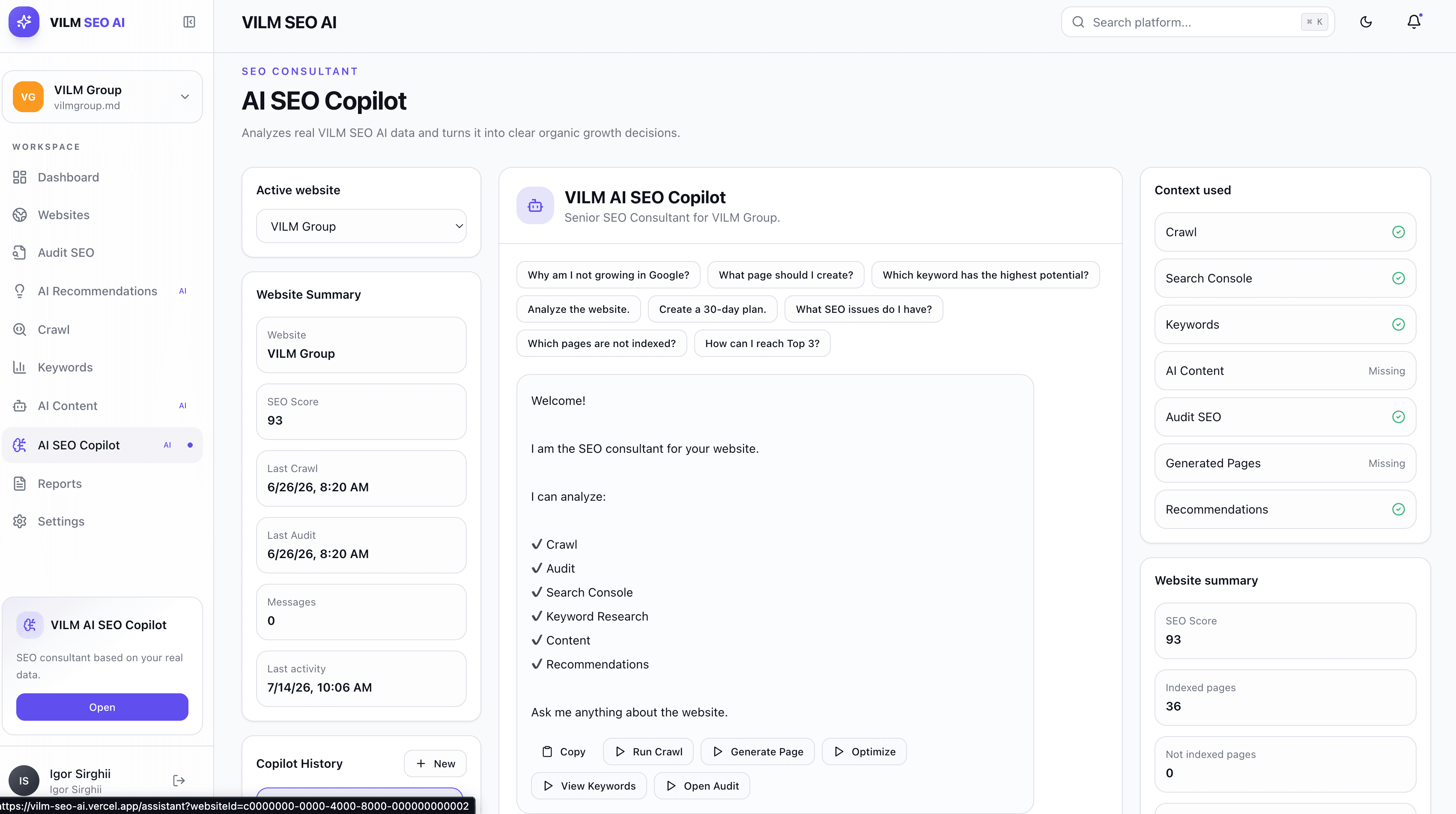 AI SEO Copilot analyzing real website data