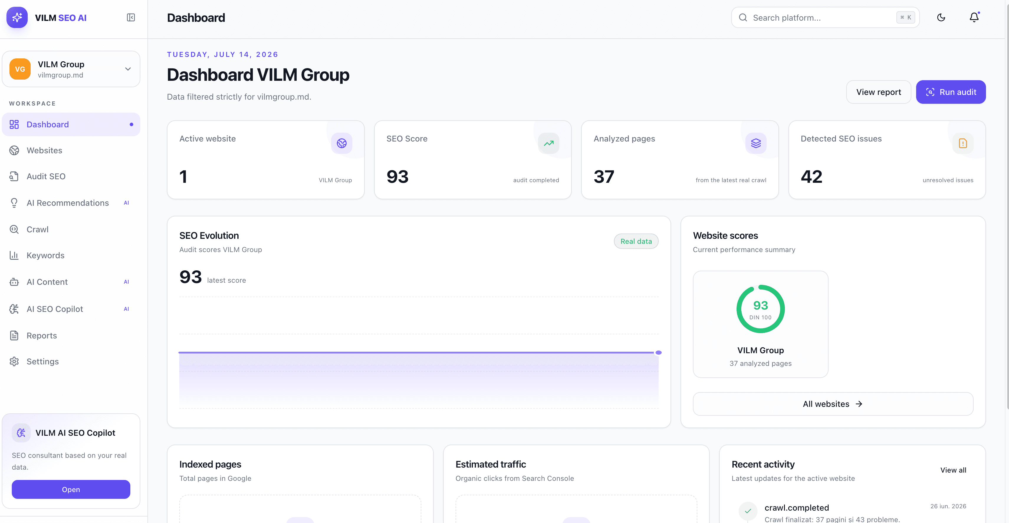 VILM SEO AI dashboard with SEO score, analyzed pages and detected issues