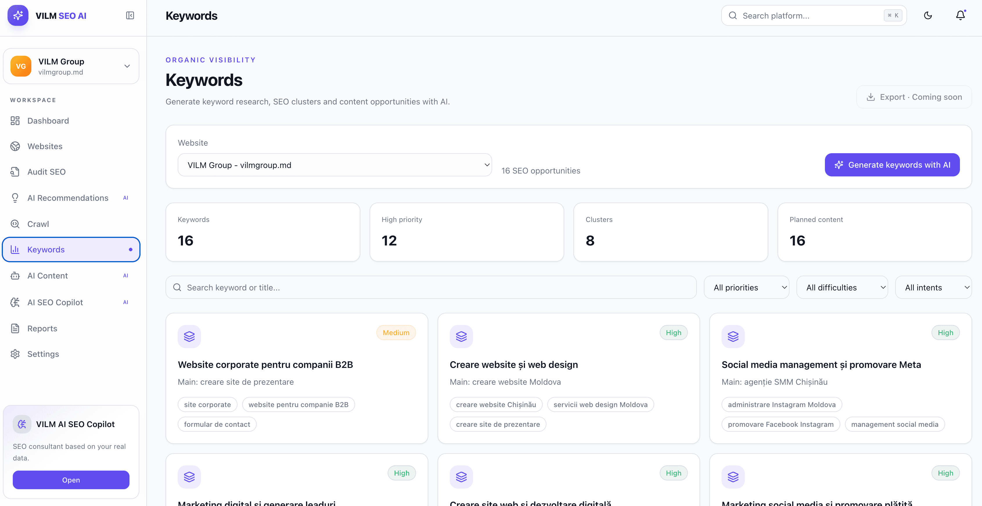 Keyword research with AI-generated SEO opportunities, priorities and clusters