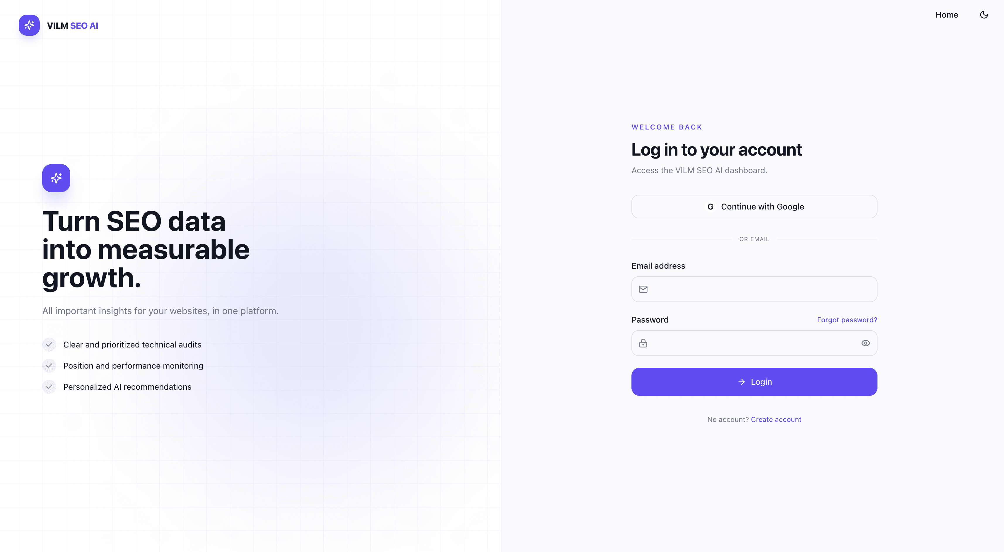 VILM SEO AI login screen with Google and email authentication