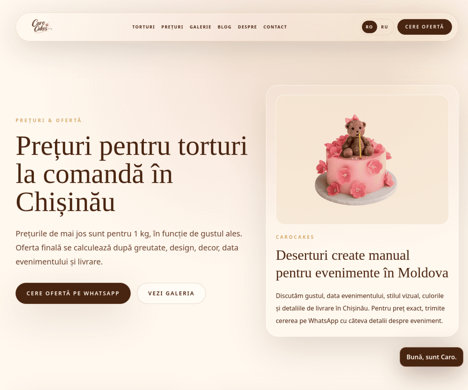 Страница цен CaroCakes, оптимизированная для локальных заказов